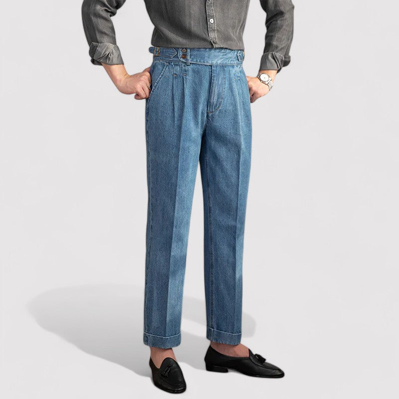 Men’s Pleated Straight-Leg Denim Trousers