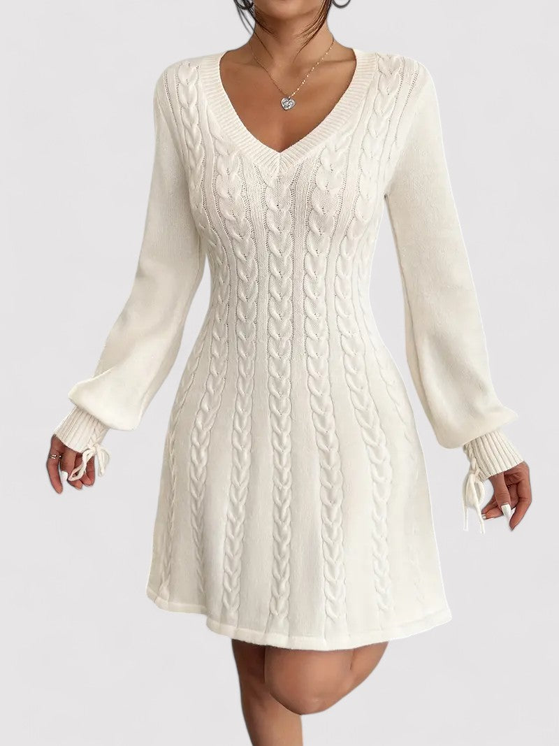 Women’s V-Neck Knit Dress with Cable Pattern