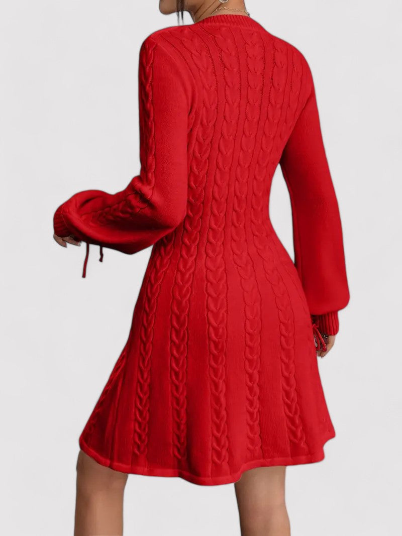 Women’s V-Neck Knit Dress with Cable Pattern