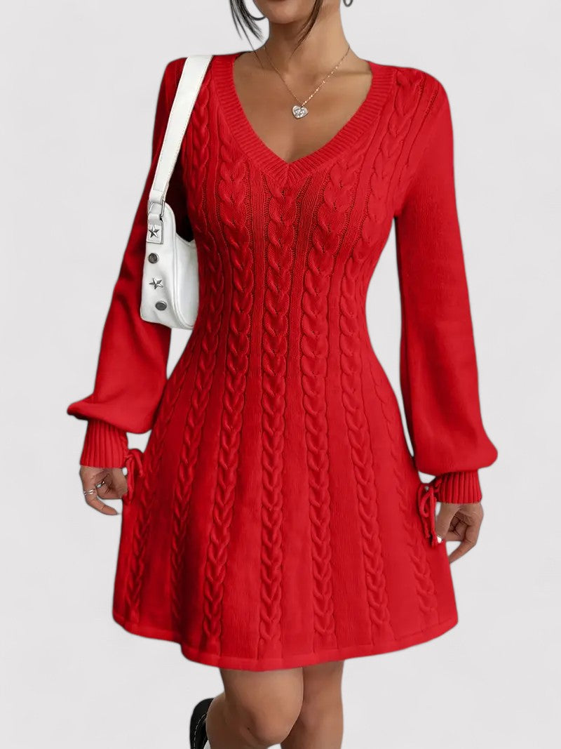 Women’s V-Neck Knit Dress with Cable Pattern