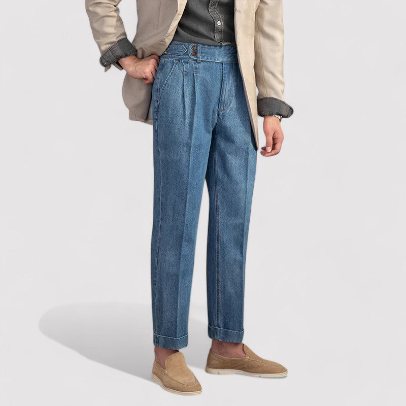 Men’s Pleated Straight-Leg Denim Trousers