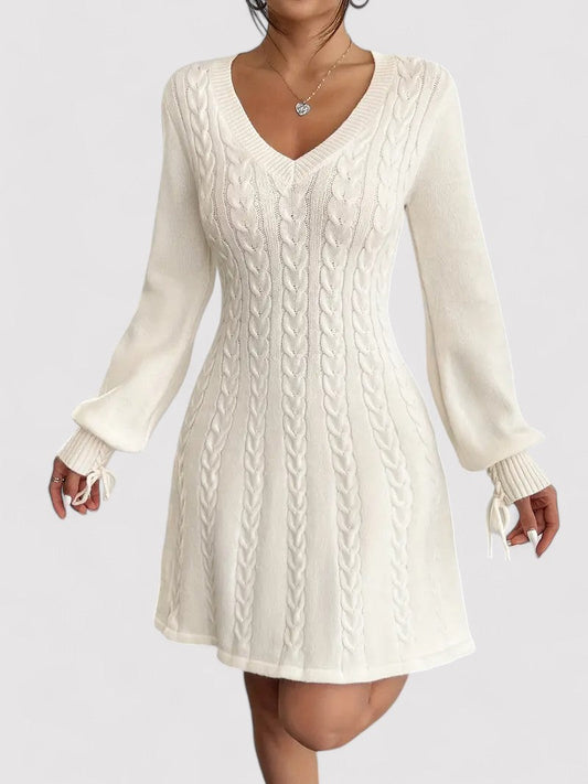 Women’s V-Neck Knit Dress with Cable Pattern