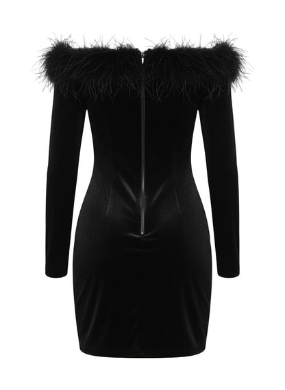 Women’s Long Sleeve Mini Dress with Feather Cuffs