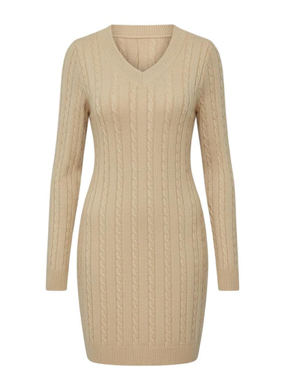 Women’s V-Neck Knit Dress with Cable Pattern