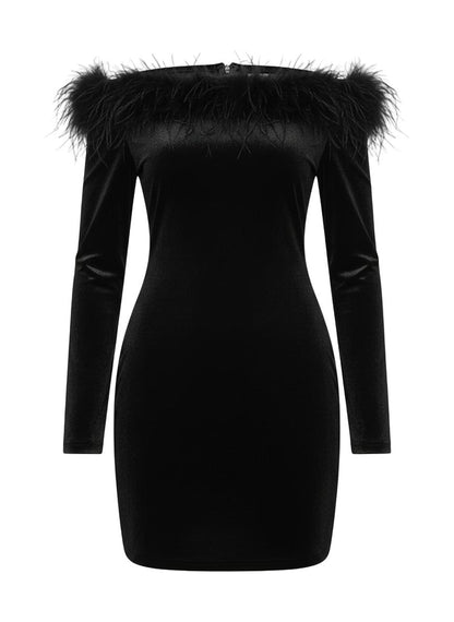 Women’s Long Sleeve Mini Dress with Feather Cuffs