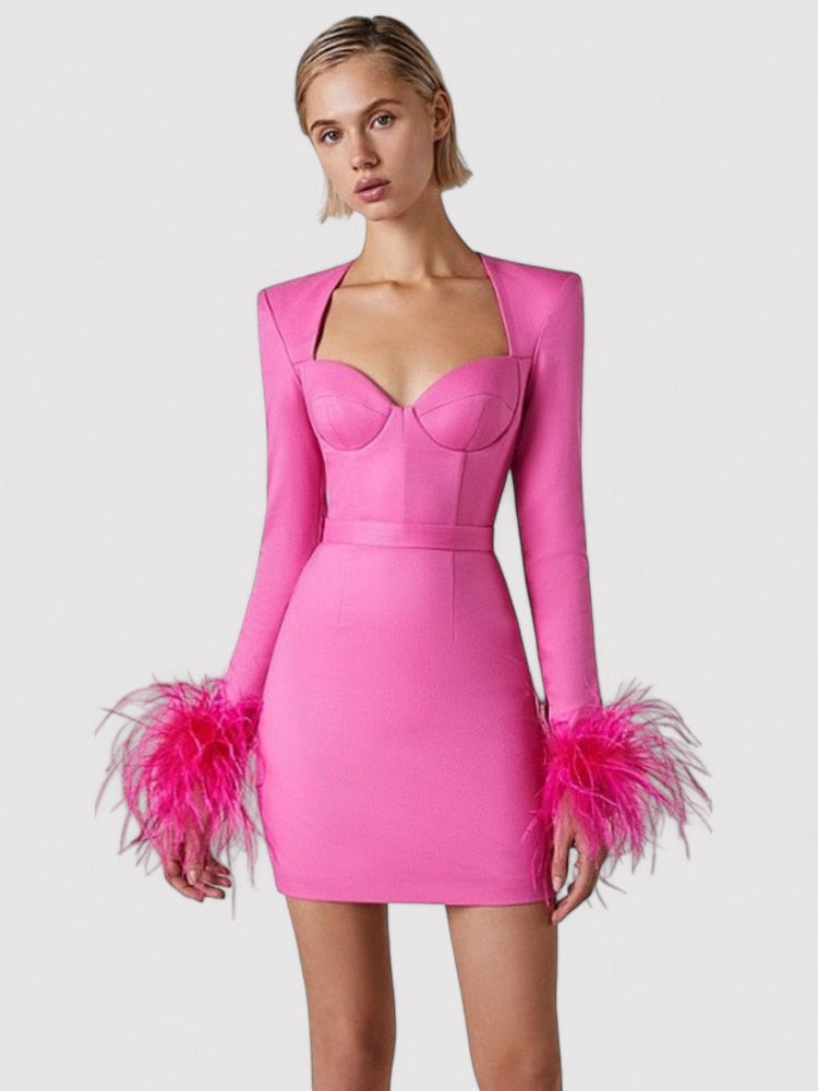 Women's Long Sleeve Feather Bodycon Mini Dress