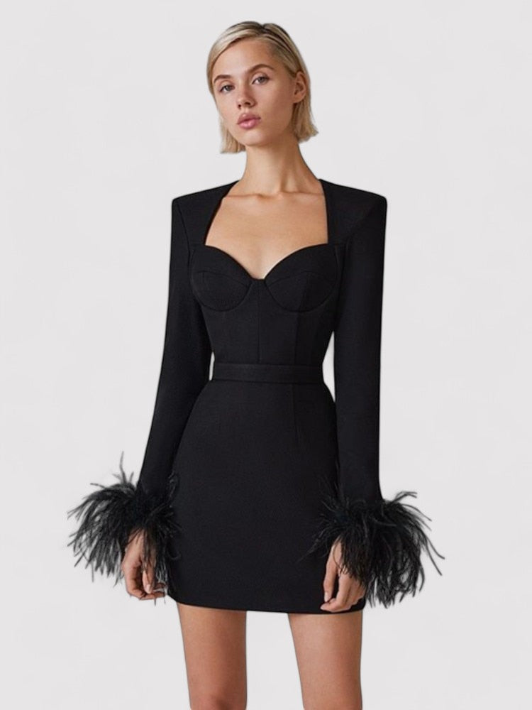Women's Long Sleeve Feather Bodycon Mini Dress