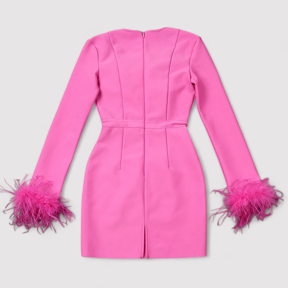 Women's Long Sleeve Feather Bodycon Mini Dress
