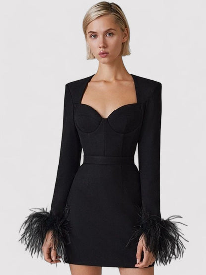 Women's Long Sleeve Feather Bodycon Mini Dress