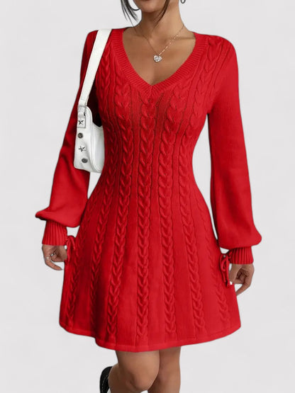 Women’s V-Neck Knit Dress with Cable Pattern