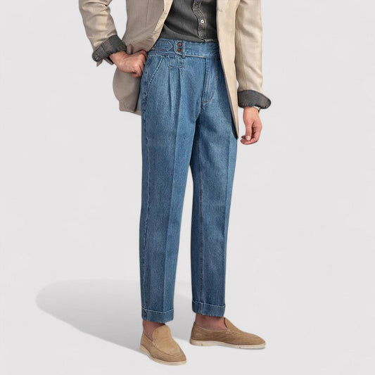 Men’s Pleated Straight-Leg Denim Trousers